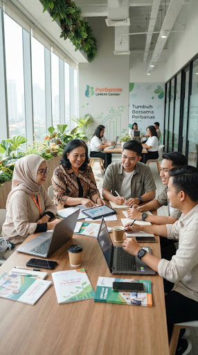 Tim pendamping UMKM Center PERBANAS sedang berdiskusi bersama pelaku usaha.